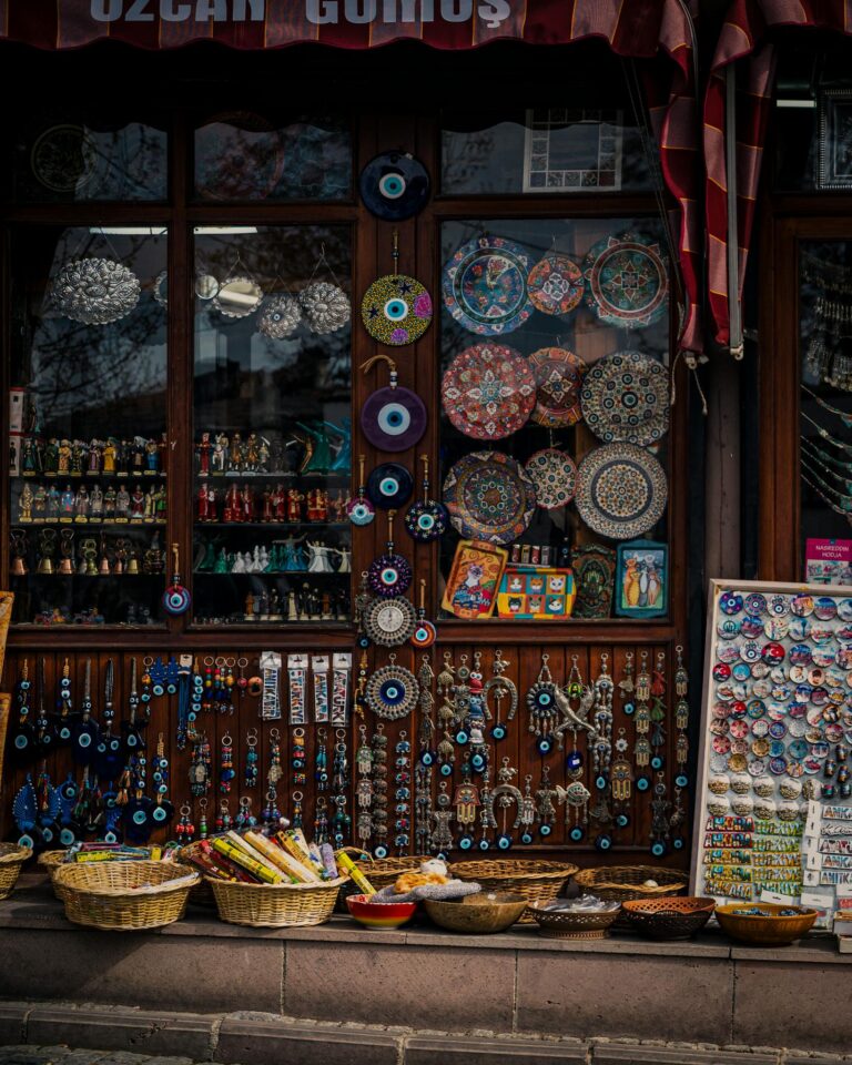 Colorful Turkish souvenir shop showcasing traditional crafts and ceramics.